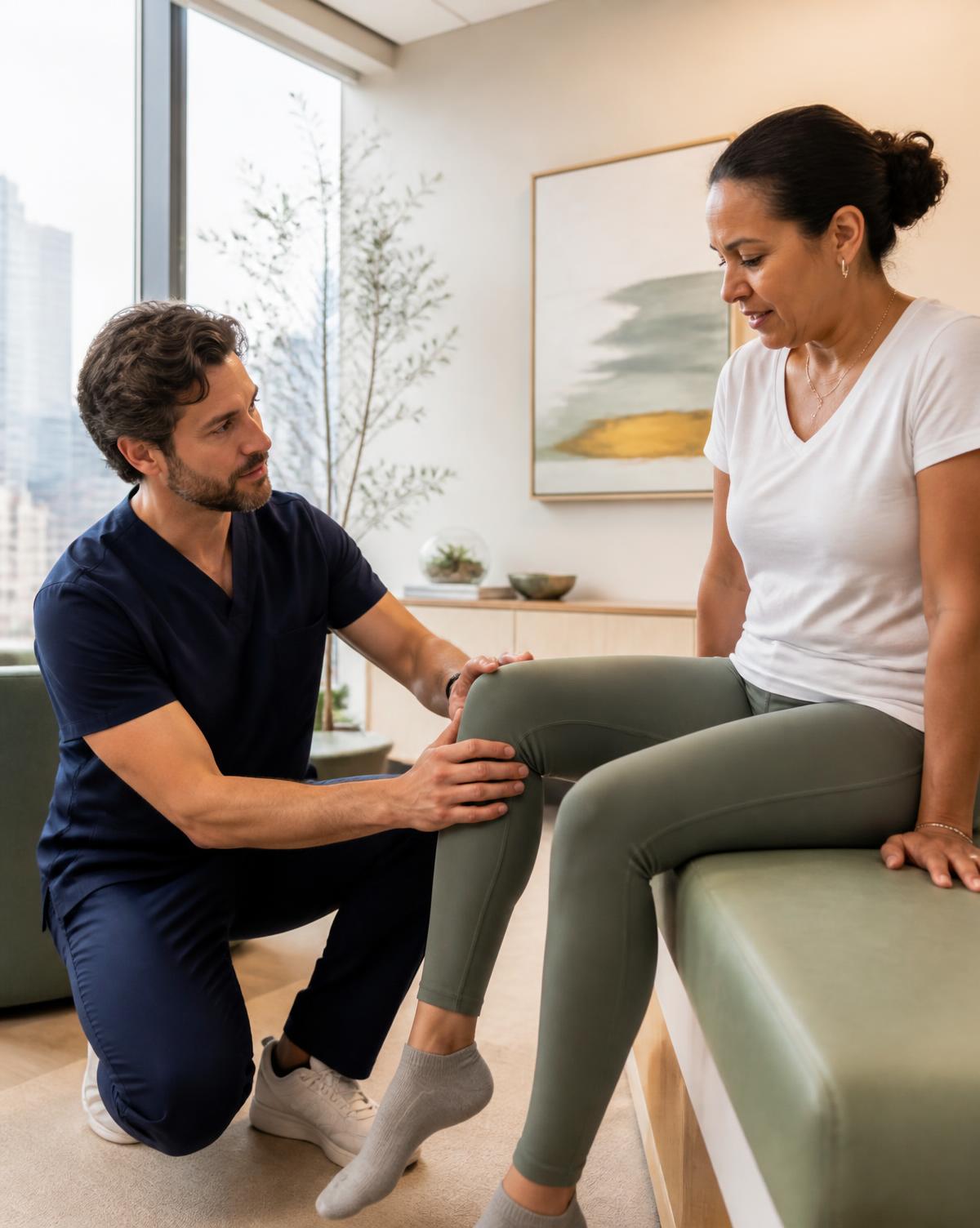 Clinician evaluating a patient's knee mobility during a consultation
